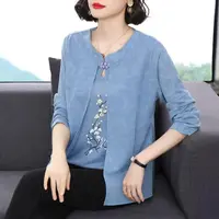 B118新款2025妈妈装长袖衬衫中老假两件T恤打底衫上衣