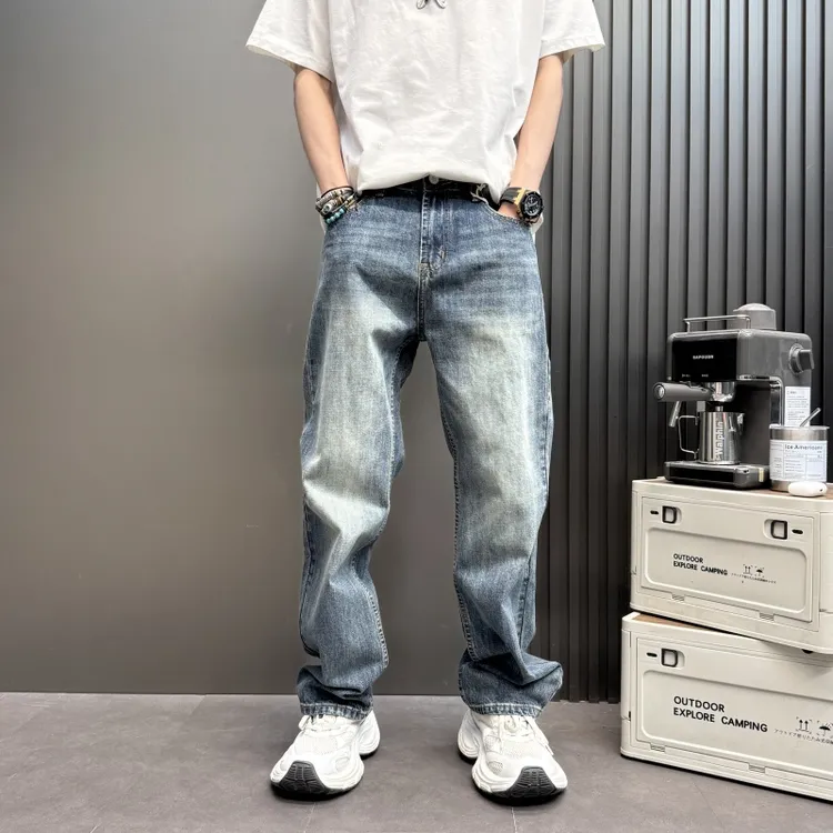 男士新款百搭直筒宽松痞帅慵懒风男装流光风男士宽松直筒