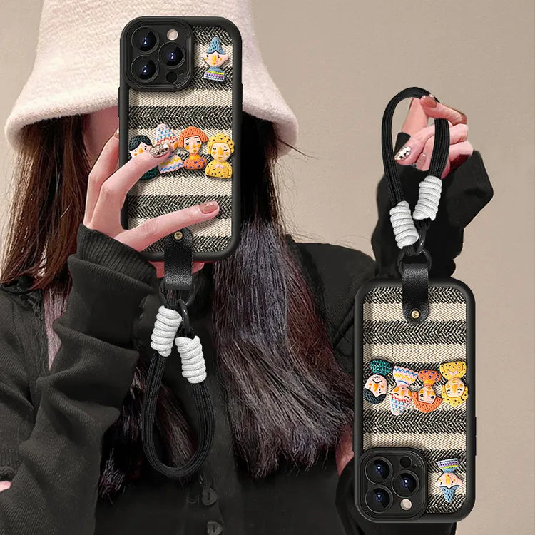 条纹格子布料适用苹果16promax华为vivo/oppo小米天眼羊皮手机壳