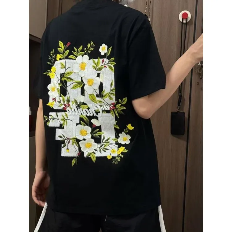 2025美式高街新中式立体花卉刺绣印花短袖T恤情侣潮牌学院风上衣