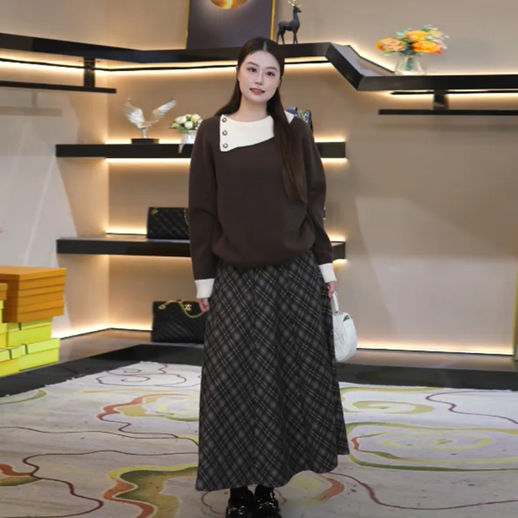 奢姿大码女装2025冬季减龄不规则设计两件套胖妹妹格纹时尚套装