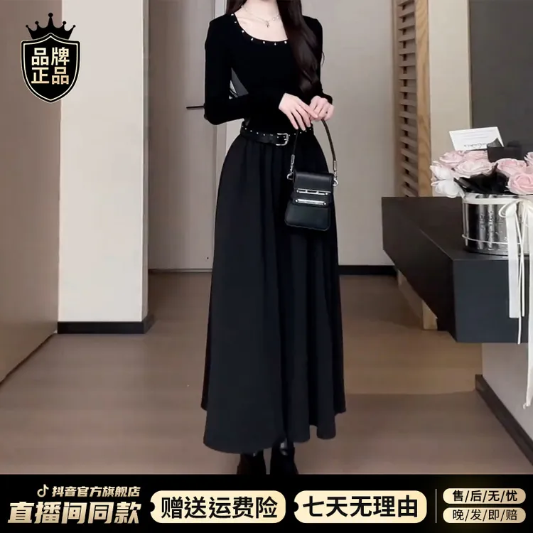赫本风黑色长袖针织连衣裙子女早秋2025新款法式轻奢收腰显瘦长裙