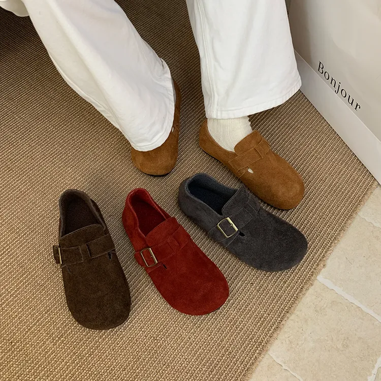 9977-1真皮长毛牛皮真系博肯皮磨砂皮复古单鞋加绒软底脚蹬