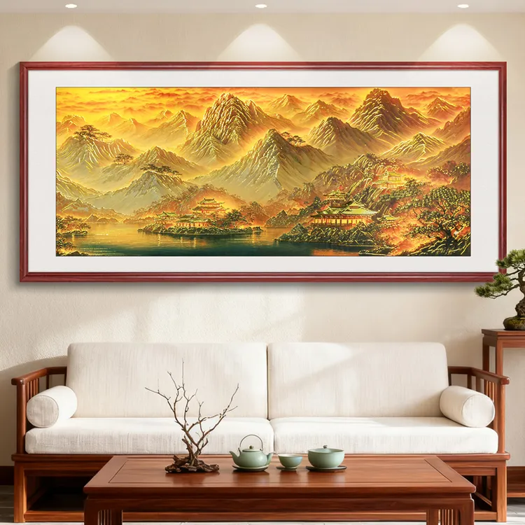 浮雕描金财满金山装饰画新中式山水画客厅背景墙挂画办公室挂画