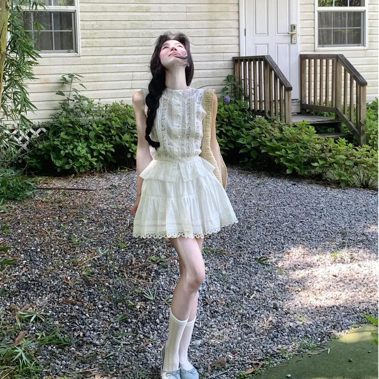 法式甜美少女风半身裙套装女夏季新款高级感气质显瘦无袖背心上衣