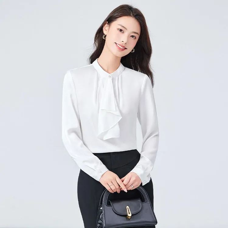 职业白衬衫套装女2025新款秋装面试正装两件套裙气质缎面长袖衬衫