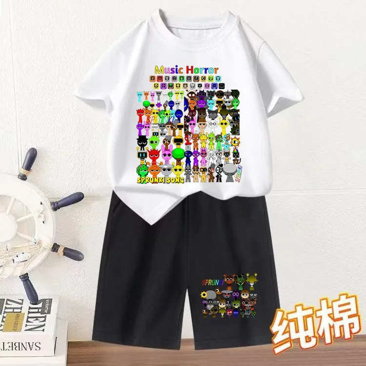 Sprunki节奏盒子衣服儿童短袖套装2025年新款夏季半袖五分裤套装