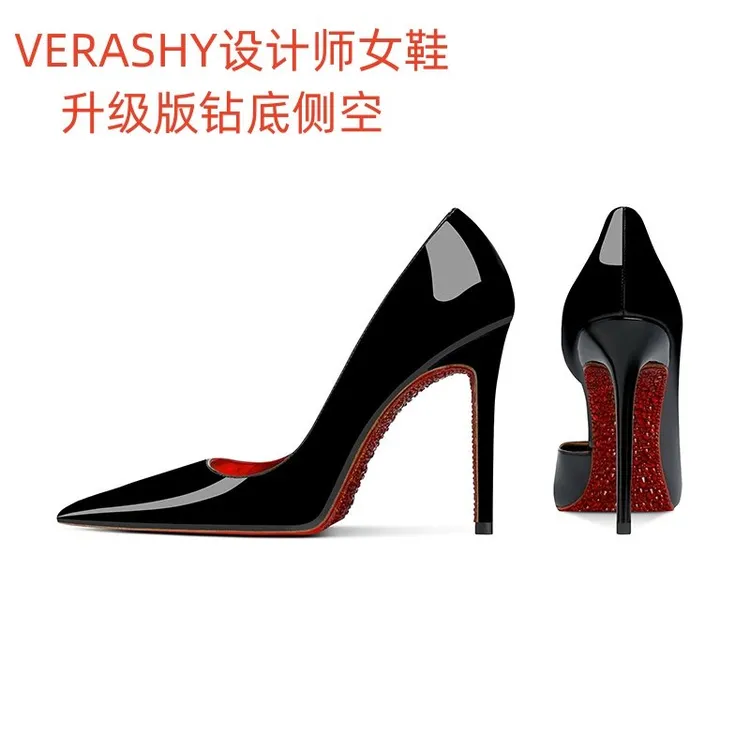 升级版红底带钻高跟鞋女2025新款侧空细跟10cm不累脚性感御姐尖头