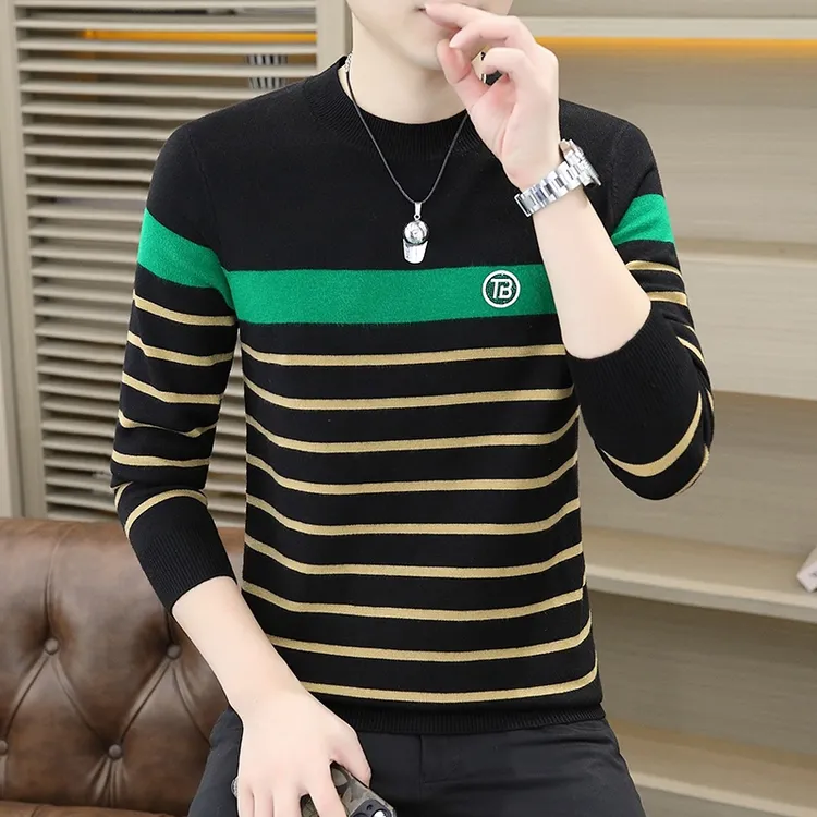 高品质时尚条纹毛衣男士秋冬新款烫钻针织衫百搭潮流男休闲打底衫