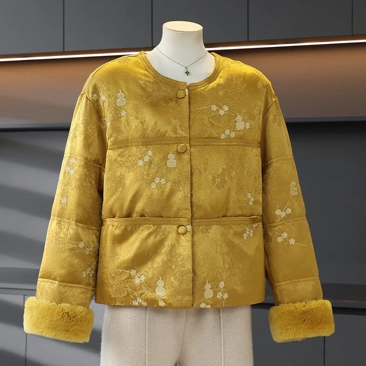 新中式国风羽绒服高端品质圆领白鸭绒女冬季短款加厚保暖刺绣女装