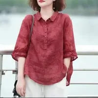 【清货+运费险】天丝麻提花衬衫洋气复古中袖衬衣显瘦遮肉薄款V317