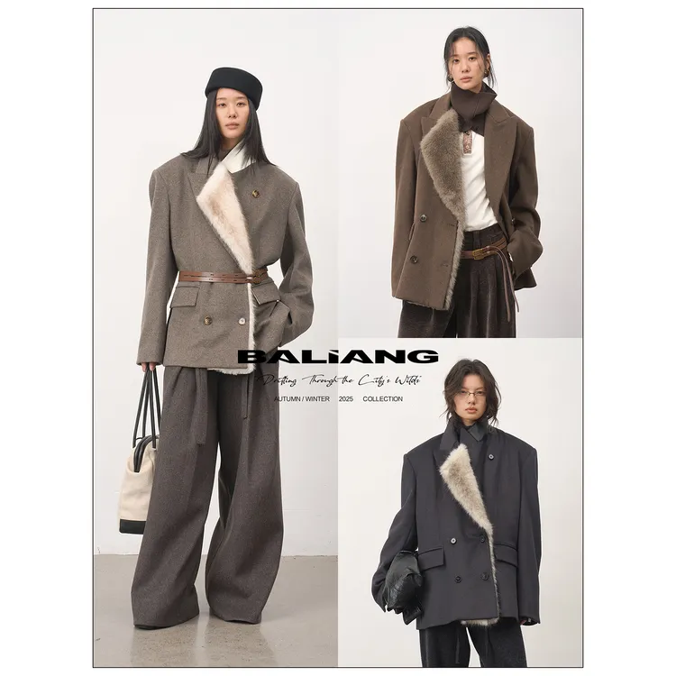 BALIANG「捌樑」 绾'Coil'可拆卸皮毛领精纺羊毛宽肩老钱毛呢西装