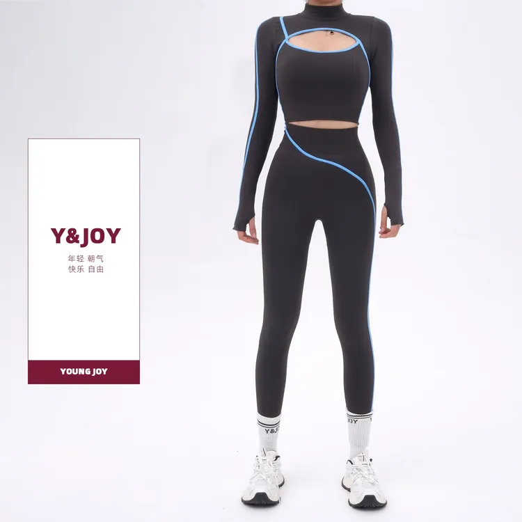 YOUNG JOY撞色流行线条跃动瑜伽服长袖＋修身瑜伽长裤套装XP143