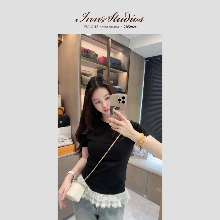 Innstudios 设计感蕾丝下摆短袖T恤