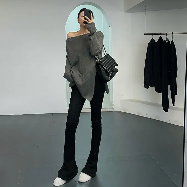 裤长111cm马蹄牛仔裤女弹力修身秋季高腰高个子加长微喇拖地长裤