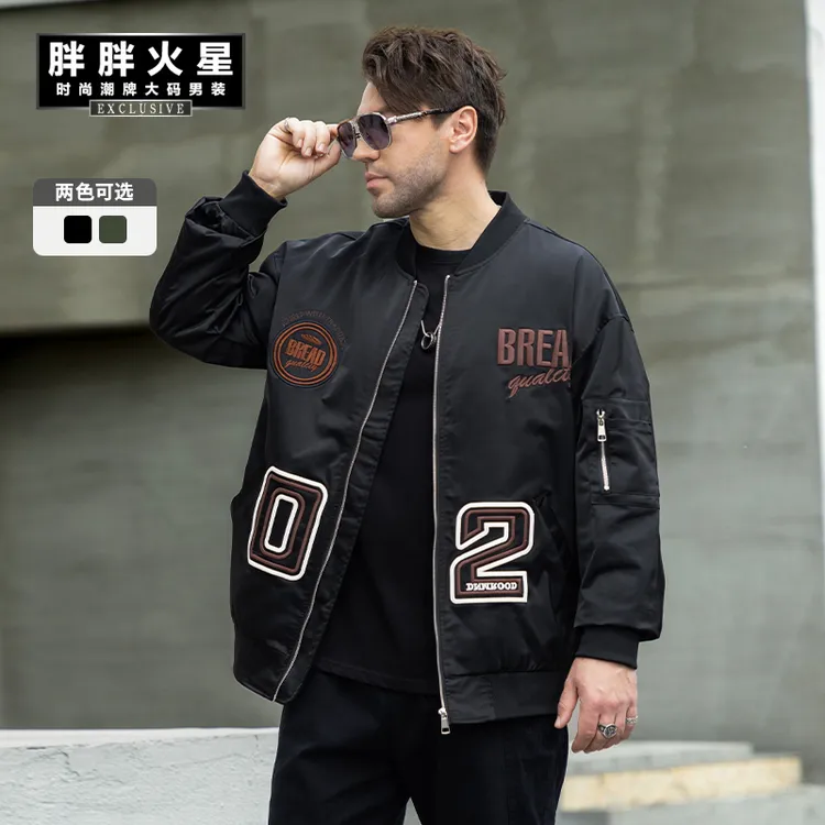 胖胖火星大码男装美式复古重工刺绣棒球服春秋季宽松潮流夹克外套