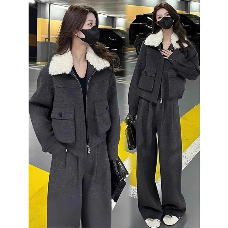 拉夏贝尔时尚百搭套装女秋冬季2025新款加厚外套显瘦阔腿裤两件套