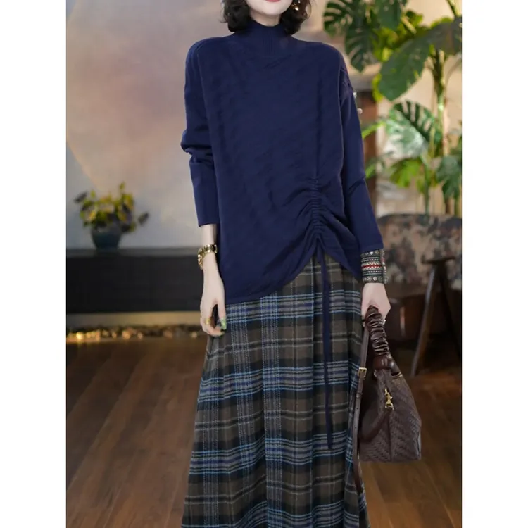高端时尚洋气减龄套装2025秋冬新款纯色百搭针织衫+半身裙两件套