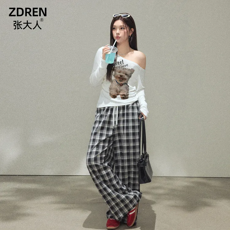 张大人【米兰艺术 】大码女装微胖妹妹甜辣斜肩长袖上衣高腰格子裤