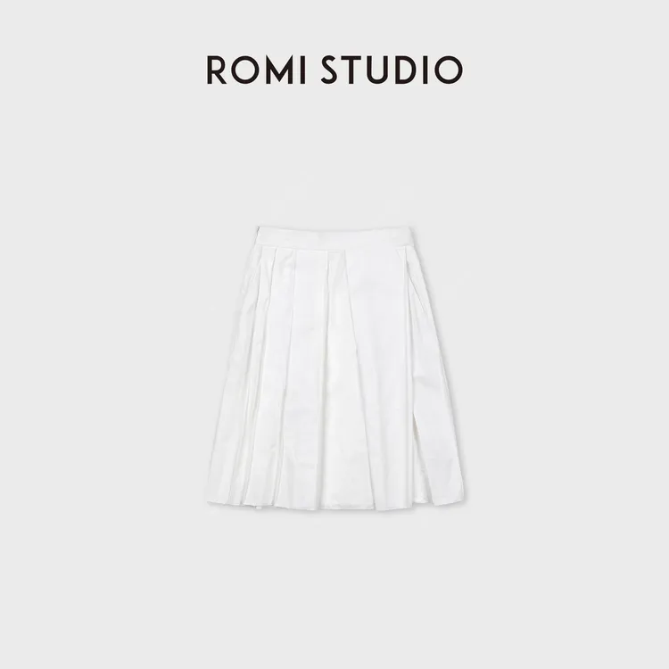 ROMI STUDIO“极简主义”棉感压褶A字高腰白半身裙百褶裙RWDSXU2891
