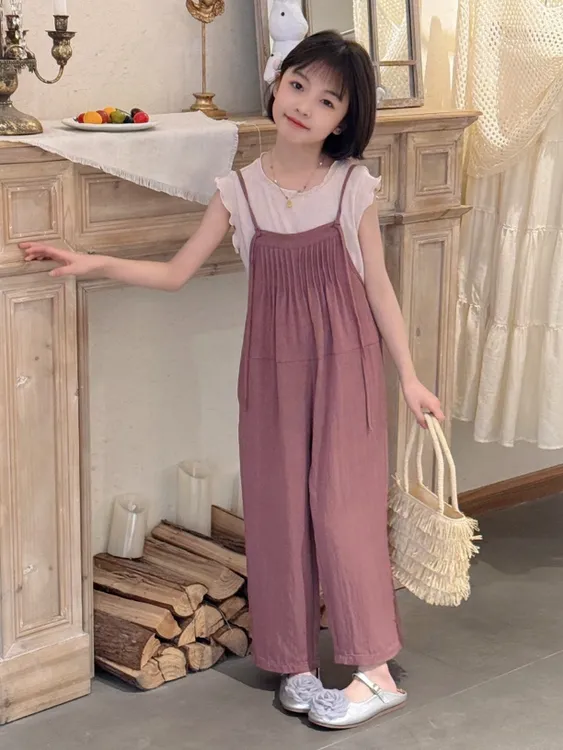 2025夏季新款韩系小众设计感洋气甜美花边上衣宽松阔腿背带裤套装