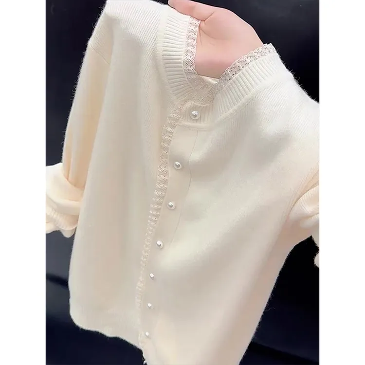 法式温柔软糯蕾丝花边长袖针织开衫秋季大码女装胖MM减龄百搭上衣