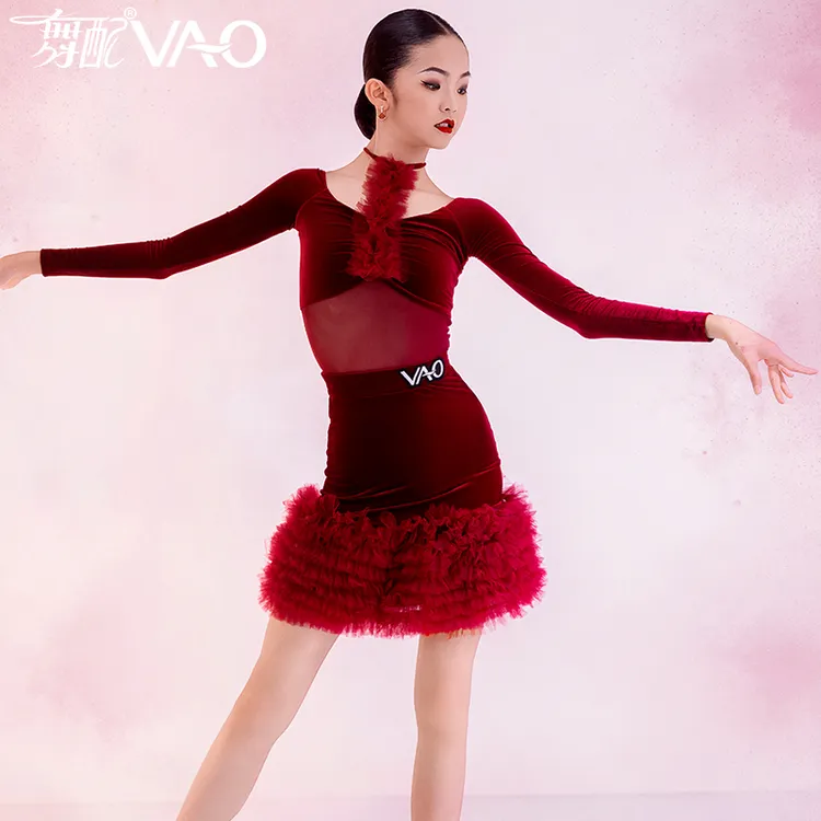 VL51388-2025新款拉丁舞服练功服女童VAO舞配舞服红色丝绒长袖裙