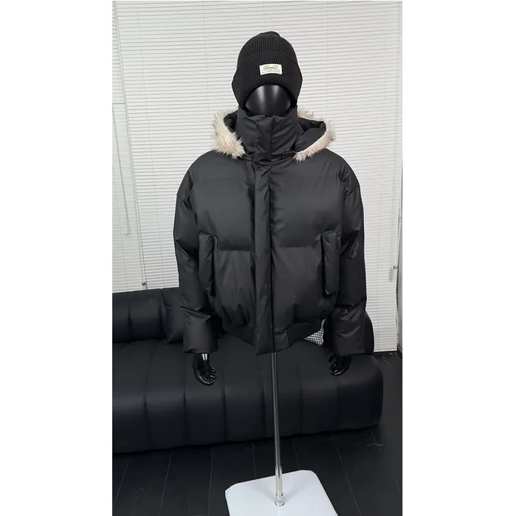 黑色毛领连帽棉服外套男冬季cleanfit宽松保暖厚外套boxy短款棉衣