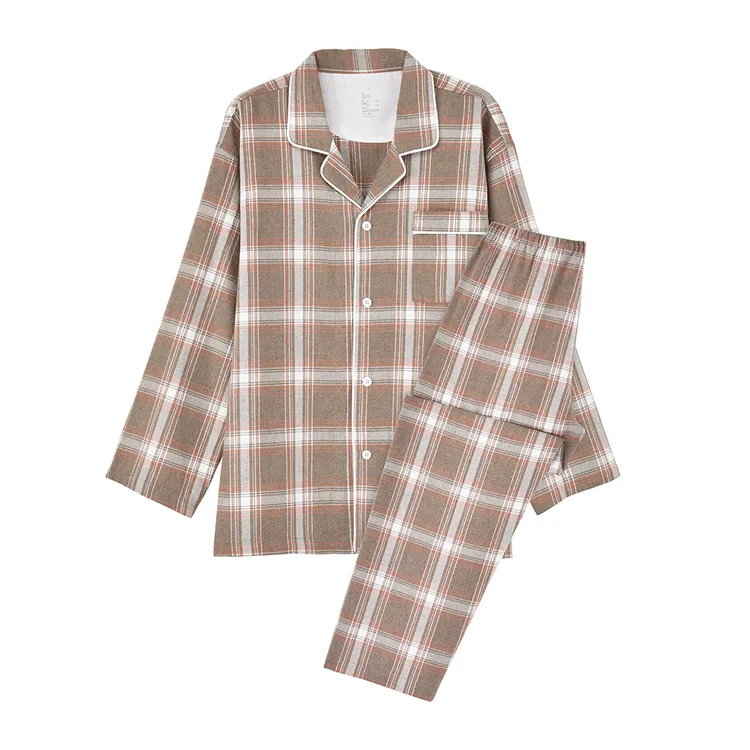 2025新秋季全棉磨毛法莱绒睡衣情侣日系无印风格子长袖长裤家居服