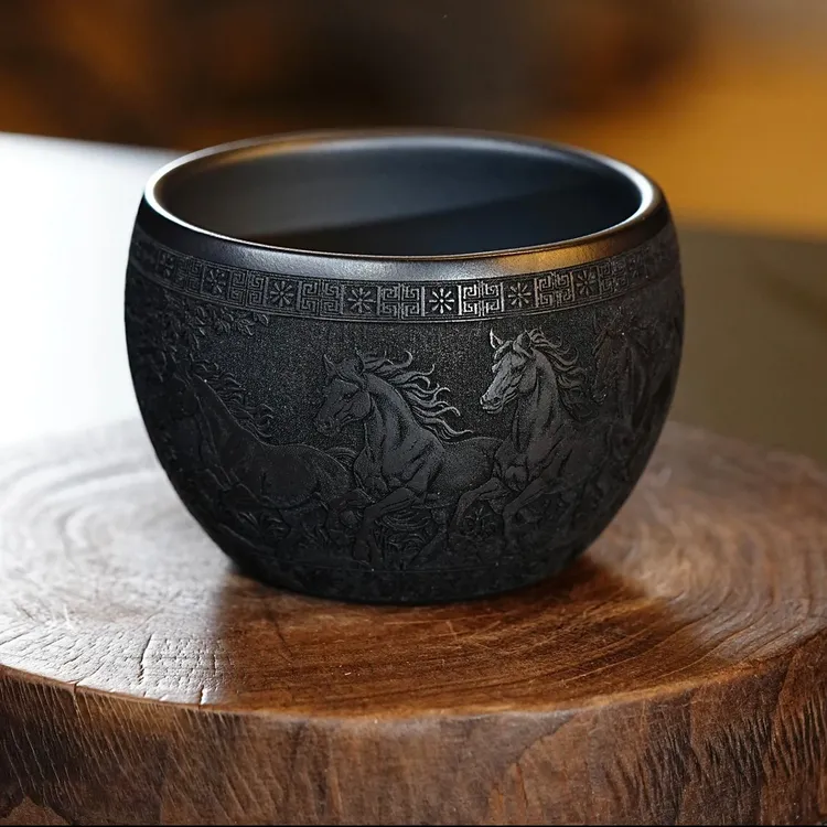 宜兴原矿紫砂中式茶杯石黄八骏图手工水缸茶杯耐高温加厚紫砂茶杯