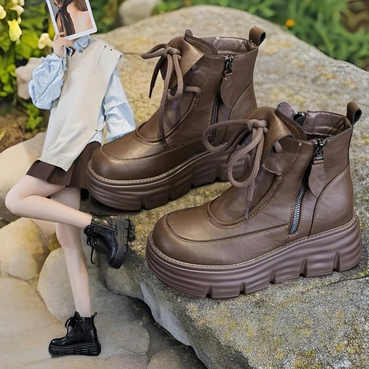 隐形增高8cm厚底马丁靴女ins韩版小个子加绒真皮短靴2025秋冬新款