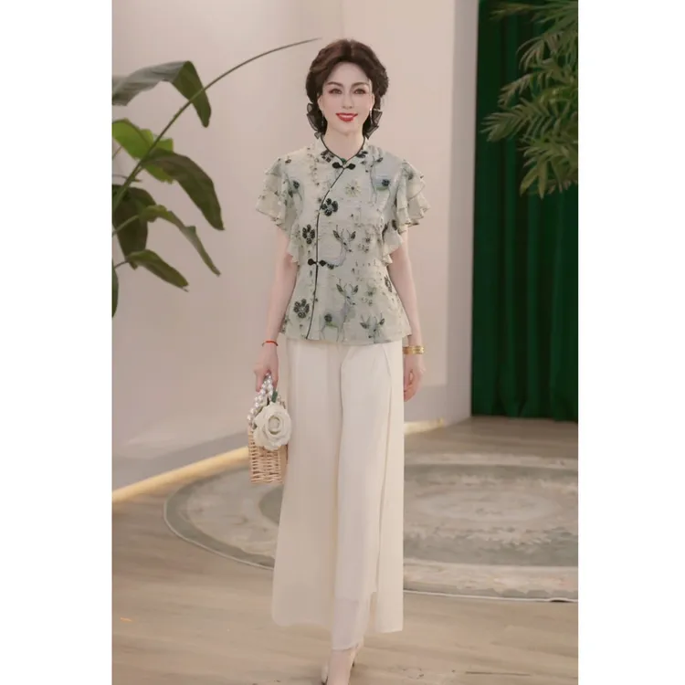 2025新款妈妈装新国风夏装时尚中老年女装洋气t恤小衫上衣服套装