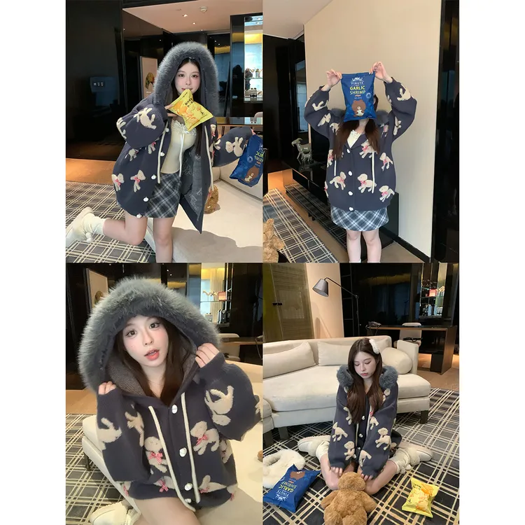 安妮不火【糯糯毛圈狗】新款减龄感小狗提花连帽毛衣外套AA253M0009