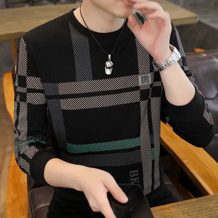 男士圆领卫衣春秋休闲打底衫男装中青年上衣服长袖格子T恤印花潮