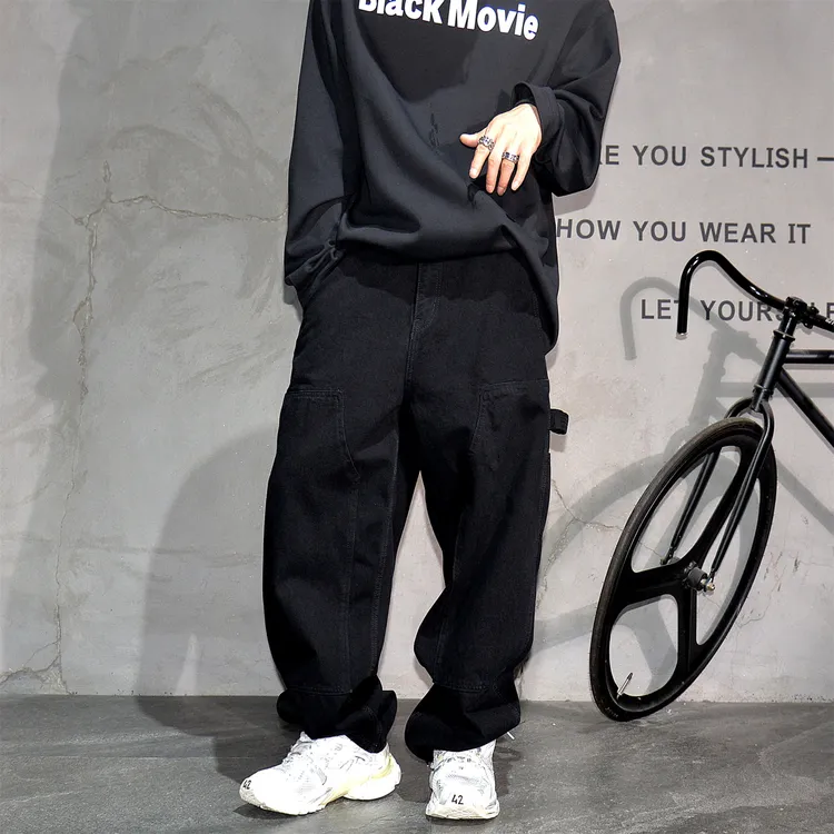 黑色水洗宽松休闲阔腿牛仔裤男潮牌痞帅伐木工装直筒裤百搭长裤子