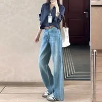 浅蓝色牛仔裤女2025秋冬加绒年高个子高腰显瘦宽松直筒窄版阔腿裤