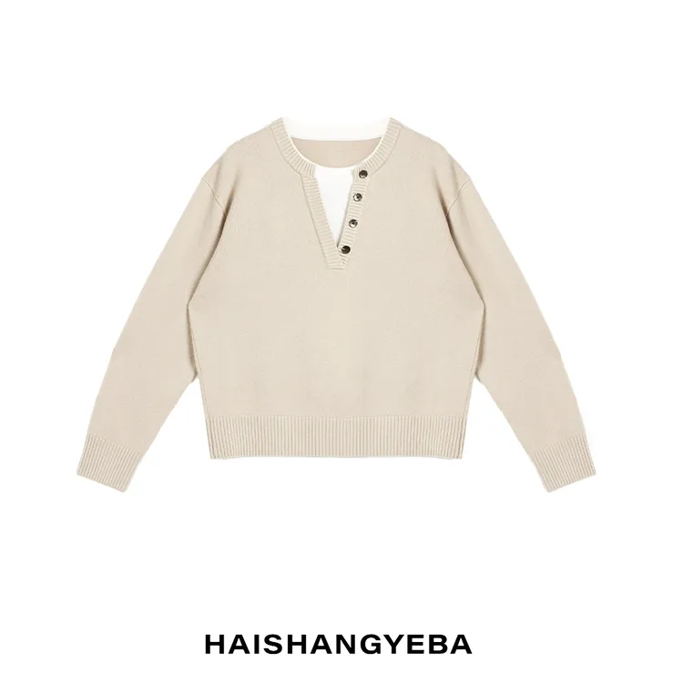 【海上叶爸】新款2025秋冬百搭绵羊毛圆领假两件针织厚款毛衣