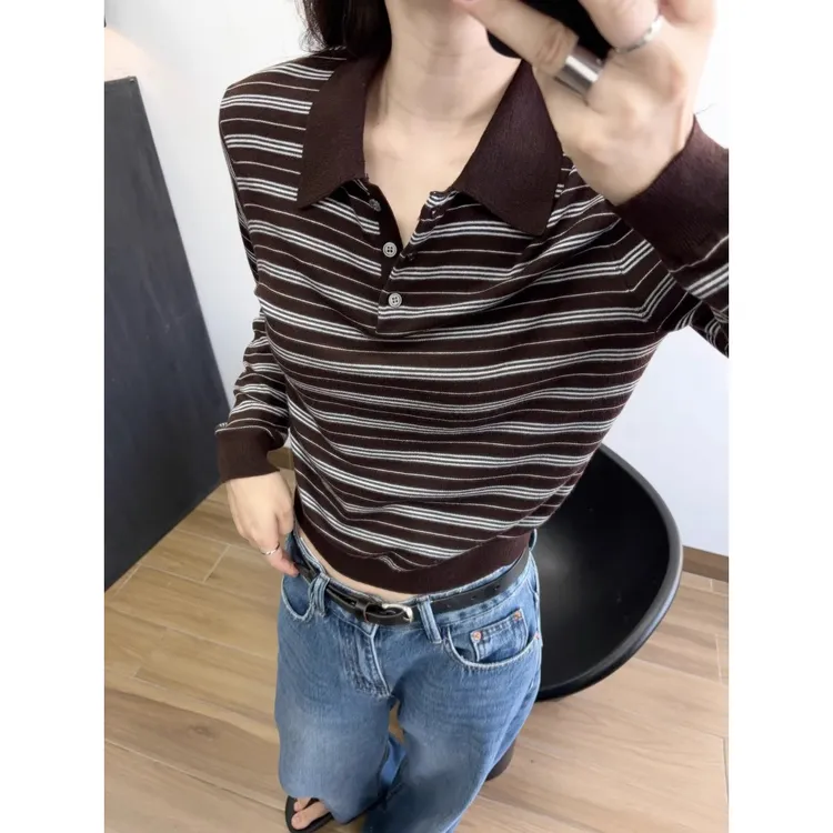 韩版气质复古POLO领针织衫女春秋款显瘦撞色条纹翻领套头长袖上衣
