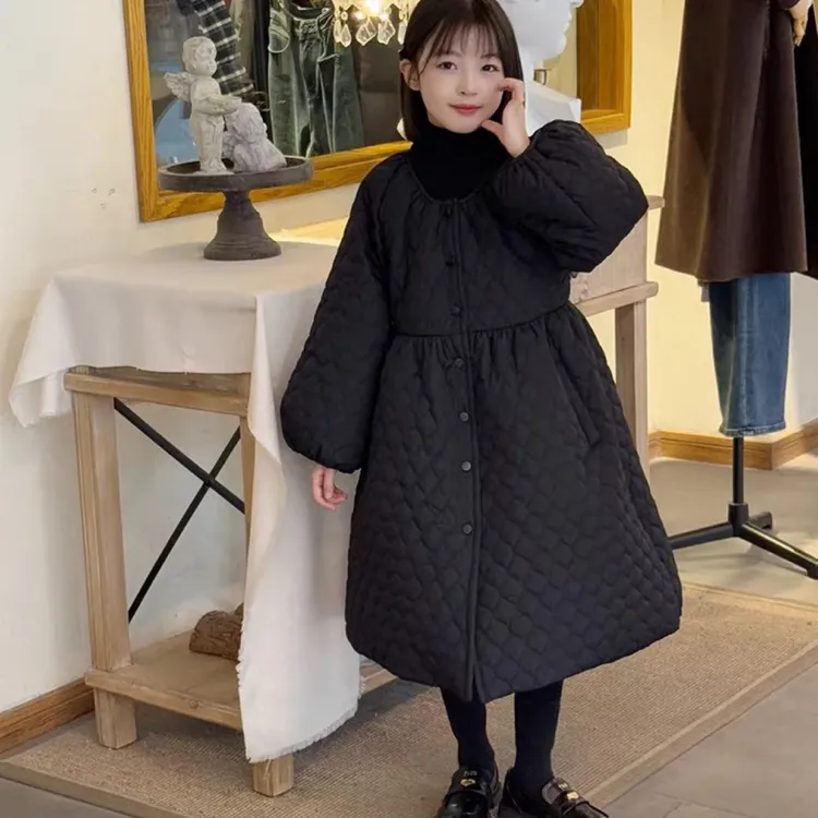 女童棉服冬季2025新款儿童过膝菱格连衣裙棉衣中大童冬季加厚外套
