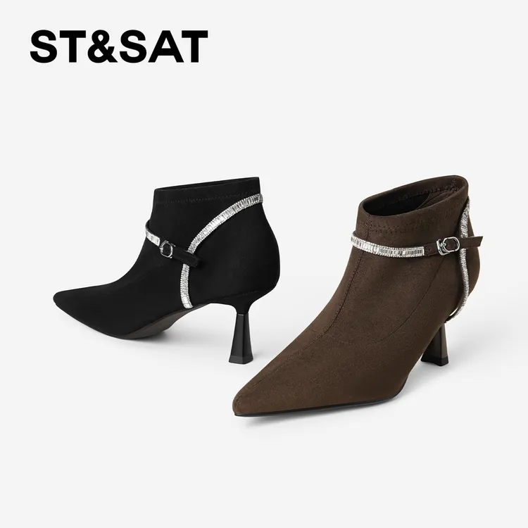 St&Sat/星期六细跟时装靴尖头高跟法式短靴黑色气质秋冬时尚跟鞋