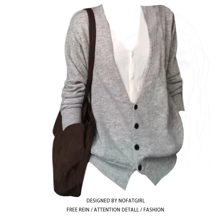 大码胖MM美式复古假两件v领开衫毛衣外套女别致绝美针织衫上衣ins