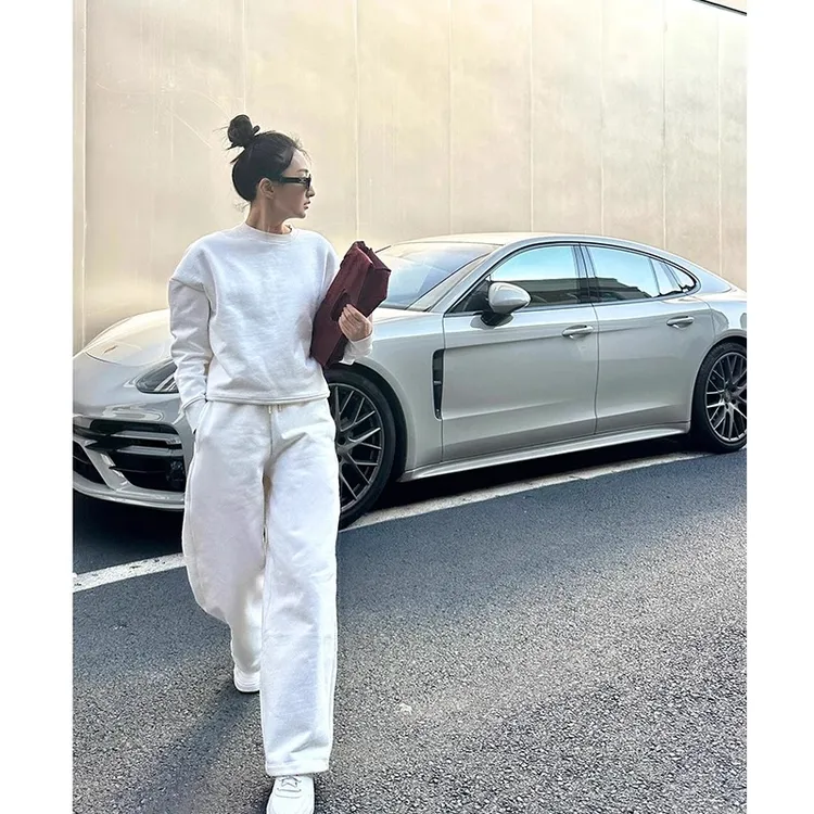 白色休闲运动套装2025女春季新款高级时髦极简纯色卫衣卫裤两件套