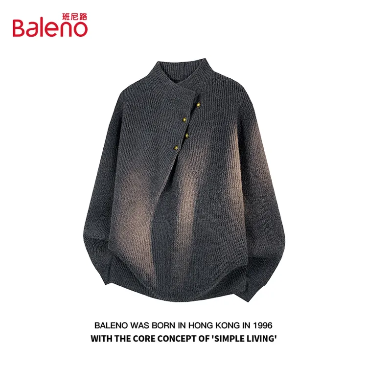 班尼路复古老钱风不规则纽扣设计高领毛衣男秋冬季重磅保暖针织衫
