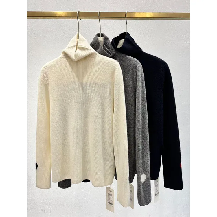 坑条堆领爱心长袖羊绒衫3234