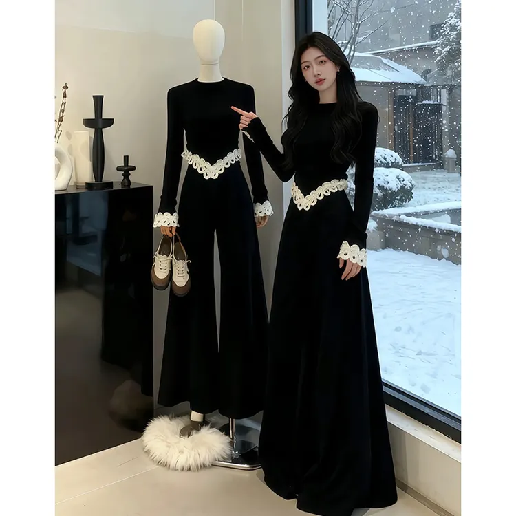 气质一整套ootd穿搭黑色遮肚子独特漂亮上衣女高腰阔腿裤春季套装