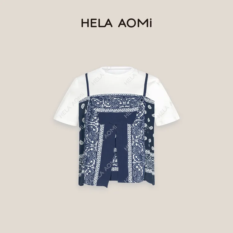HELAAOMI“名族T”拼接丝巾假两件圆领短袖T恤上衣CY5BX73592