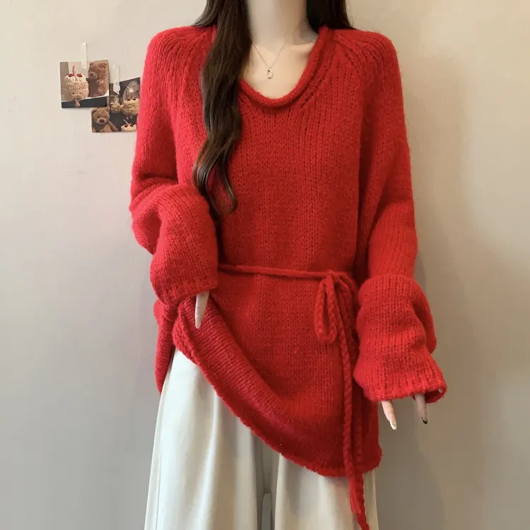大码女装胖mm本命红色V领毛衣冬季2025新款洋气宽松针织衫上衣ins