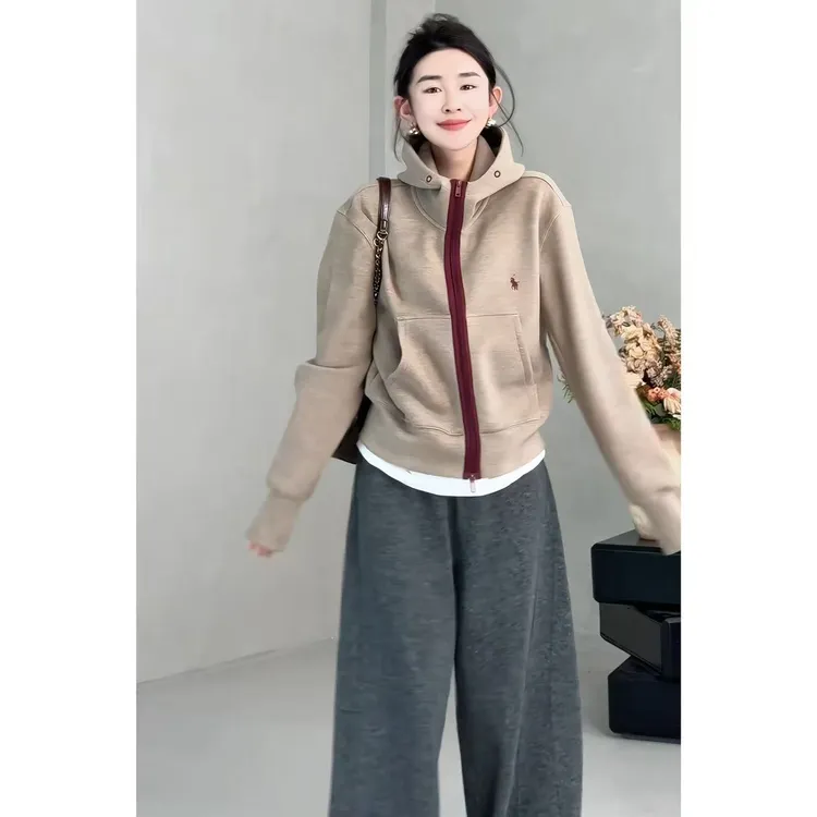 玖了个玖 2025秋季新品极简百搭撞色双拉链加厚卫衣外套2508C5050