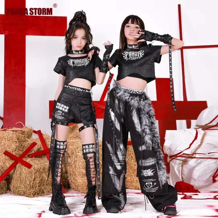 女童爵士舞jazz短袖T恤直筒裤套装hiphop儿童街舞走秀表演出服潮