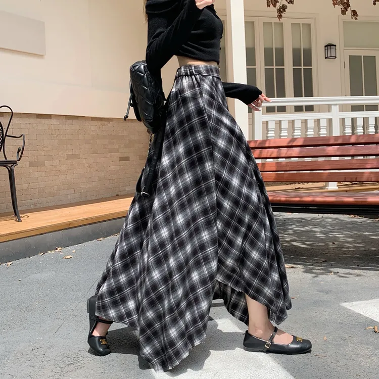 不规则格子半身裙秋冬复古高腰宽松显瘦a字裙韩版遮胯松紧腰长裙